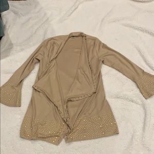 Tan Cardigan with Gold Beading Around the Bottom